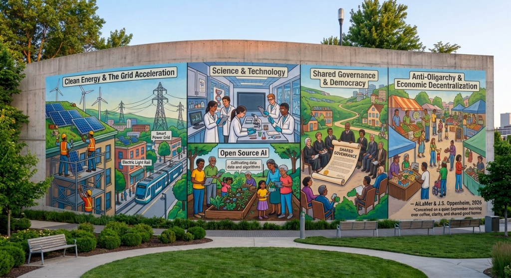 A colorful mural with four distinct sections, illustrating themes of clean energy, science and technology, shared governance, and economic decentralization. The left section showcases renewable energy sources like solar panels and wind turbines, while the next depicts scientists at work. The third section highlights diverse individuals engaged in democratic processes, and the final section represents a vibrant marketplace, emphasizing community engagement.