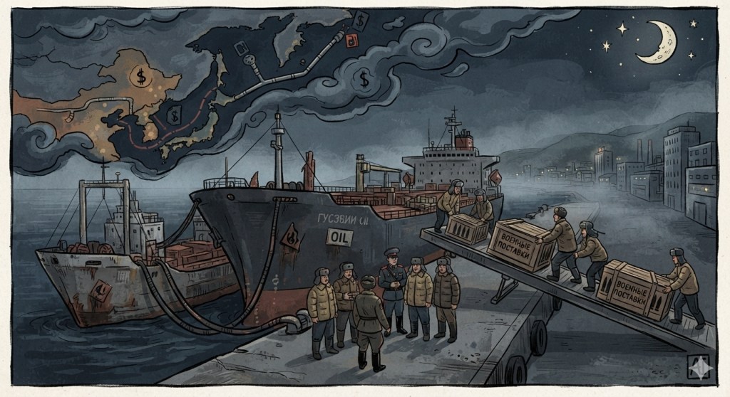 A dark and moody port scene with two ships, one labeled 'ГУСЗВИ' and 'OIL', being loaded with crates marked 'военные поставки'. Several figures are unloading and organizing cargo on the dock under a cloudy night sky.